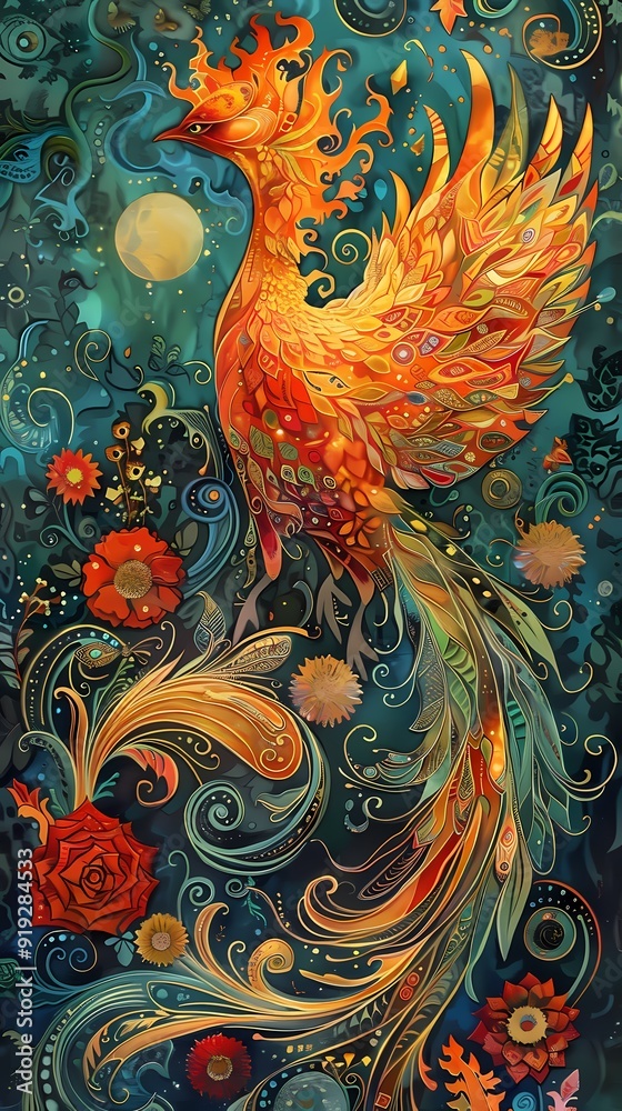 Obraz premium Traditional art nouveau style phoenix illustration poster background