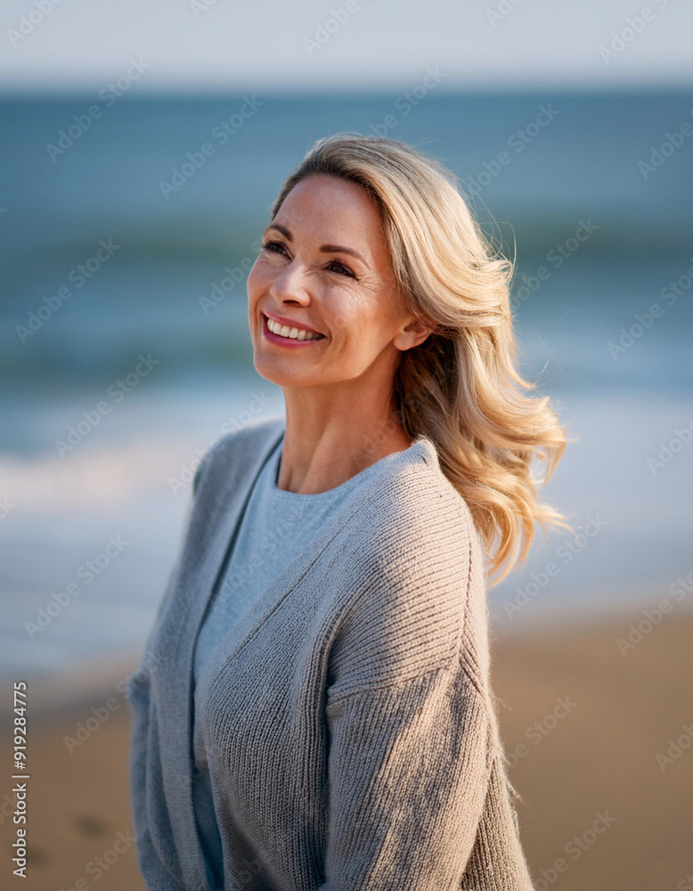 Happy woman enjoying freedom on the beach. Cheerful mature woman having fun walking outside. Healthy lifestyle, happiness and mental health concept. space for text Happy woman enjoying freedom on the beach. Cheerful mature woman having fun walking outside. Healthy lifestyle, happiness and mental health concept. space for text