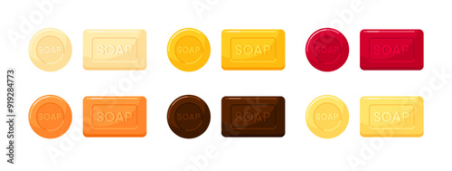Icons of soap bars, aromatic organic cosmetics for skin care, spa treatments and washing hands. Set of vector flat cartoon illustrations isolated on white background