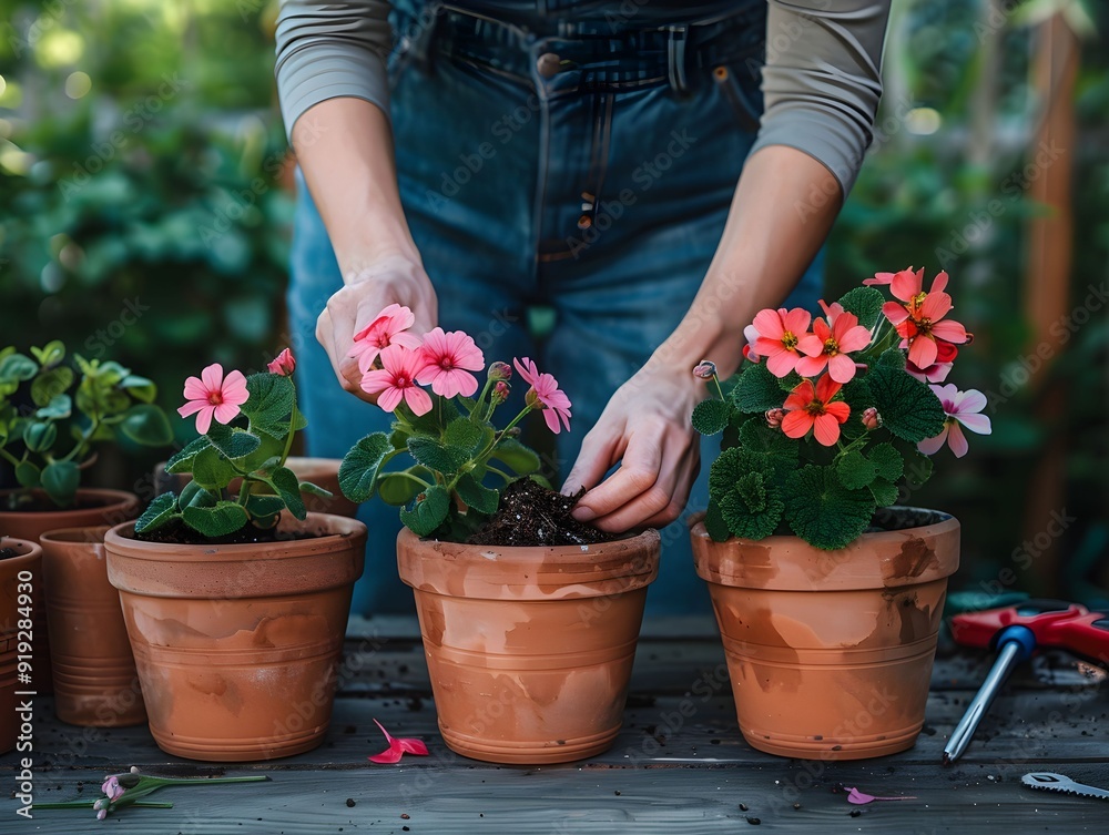 A gardening enthusiast potting colorful flowers in clay pots on a sunny afternoon A gardening enthusiast potting colorful flowers in clay pots on a sunny afternoon