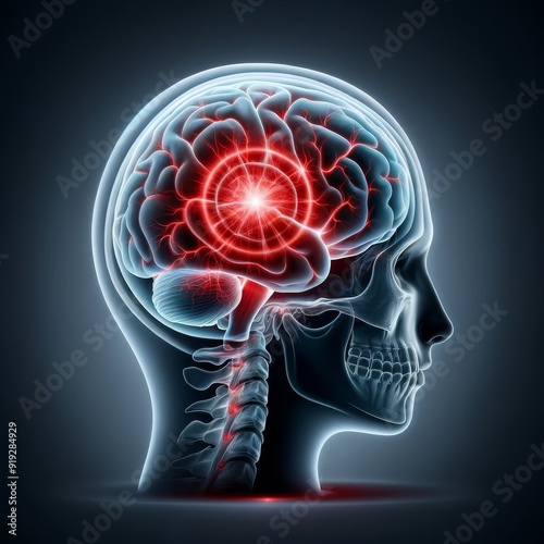 A detailed illustration of a human brain showing neural activity in a transparent skull, perfect for medical and educational purposes.