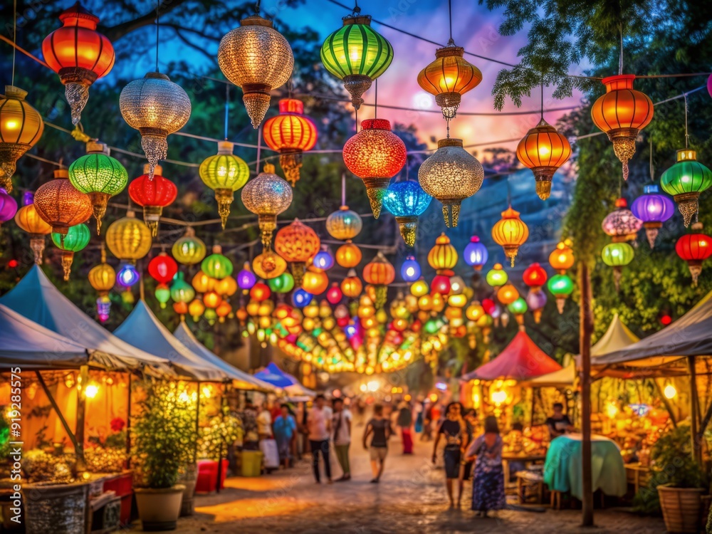 Vibrant tents, twinkling string lights, colorful lanterns, and eclectic market stalls evoke the lively atmosphere of a summer festival, minus the crowds. Vibrant tents, twinkling string lights, colorful lanterns, and eclectic market stalls evoke the lively atmosphere of a summer festival, minus the crowds.