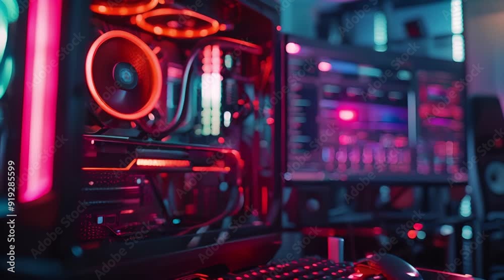 Close-up of a custom-built gaming PC with RGB lighting and a monitor displaying a game Close-up of a custom-built gaming PC with RGB lighting and a monitor displaying a game