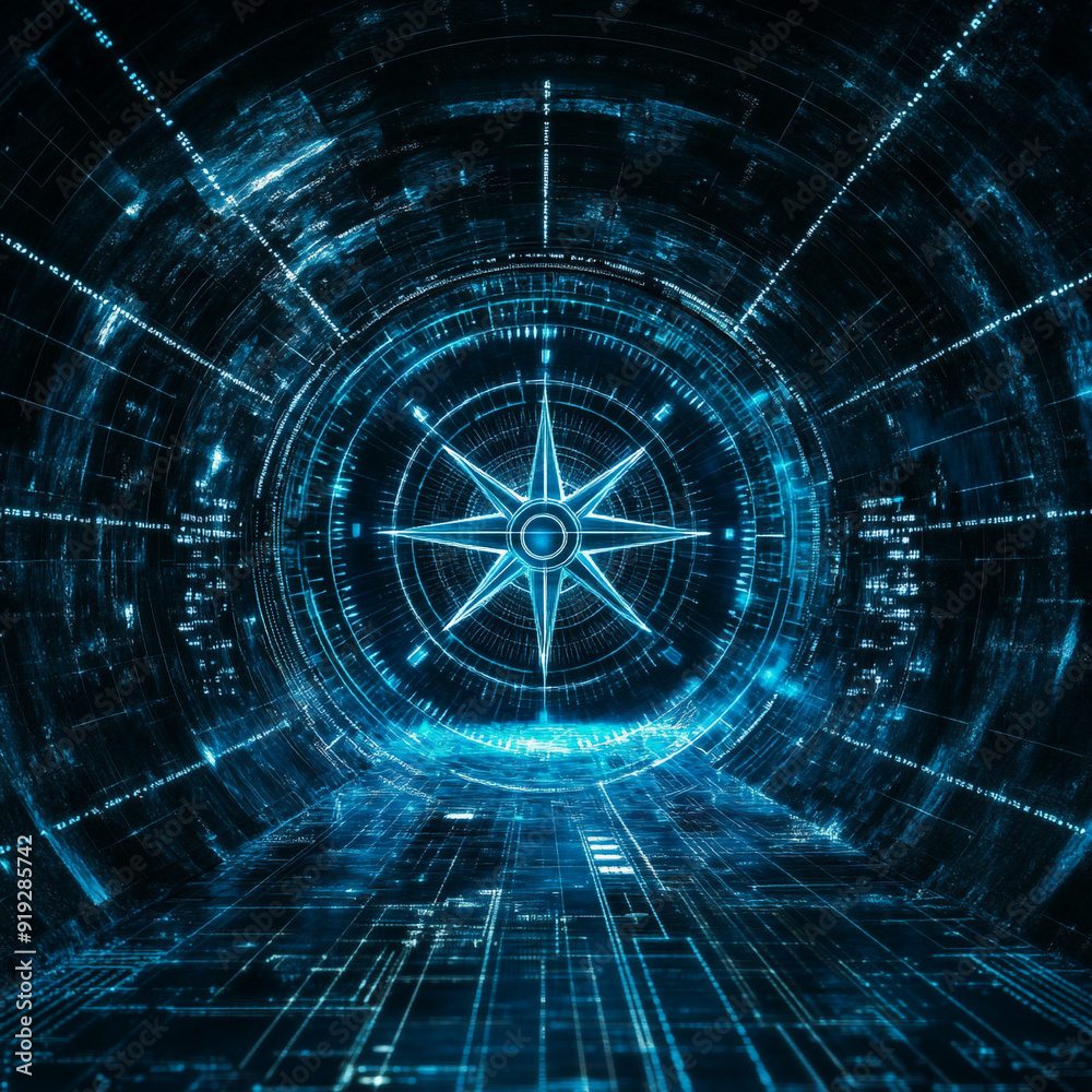 Fototapeta premium futuristic network of Digital and business transformation connected by lines to a compass shown from tunnel view with front-lighting 