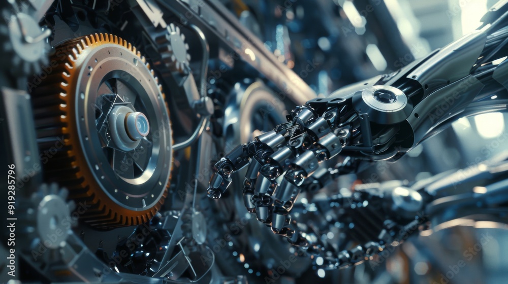 Fototapeta premium Robotics technology featuring mechanical arms and digital gears, showcasing automation and the integration of robotics in modern industries.