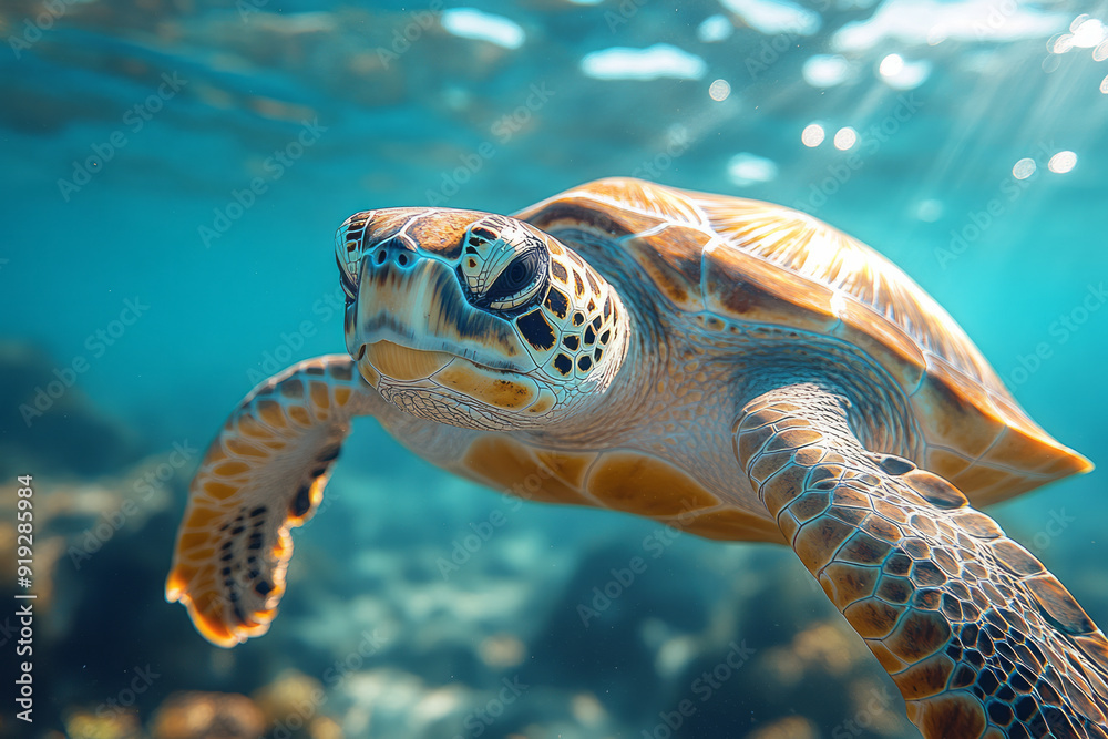 Fototapeta premium A regal sea turtle swimming slowly through the clear blue waters, its ancient, wise eyes reflecting the majesty of the deep,