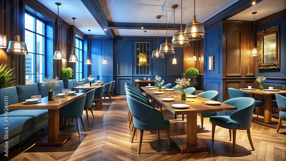 Calm ambiance fills this upscale eatery with blue-toned walls, rich wood accents, and soft lighting, creating an inviting atmosphere for a fine dining experience. Calm ambiance fills this upscale eatery with blue-toned walls, rich wood accents, and soft lighting, creating an inviting atmosphere for a fine dining experience.