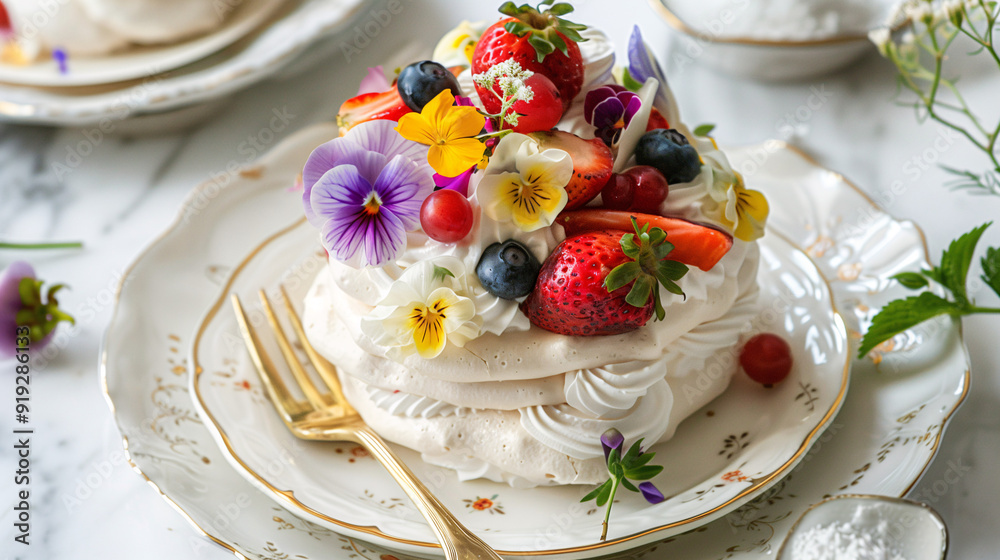 a pavlova topped with whipped cream, fresh fruit, and edible flowers, served on a fine porcelain plate with a gold-rimmed fork a pavlova topped with whipped cream, fresh fruit, and edible flowers, served on a fine porcelain plate with a gold-rimmed fork