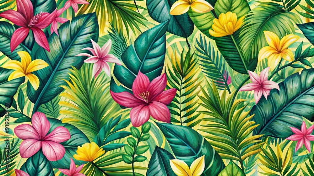 Vibrant hand-drawn tropical leaves and flowers in shades of green, pink, and yellow create a seamless repeating pattern for a stunning summer background. Vibrant hand-drawn tropical leaves and flowers in shades of green, pink, and yellow create a seamless repeating pattern for a stunning summer background.