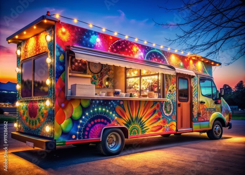 Vibrant food truck adorned with colorful decals and twinkling lights offers an assortment of tasty eats, from sweet treats to savory delights, at an outdoor event.