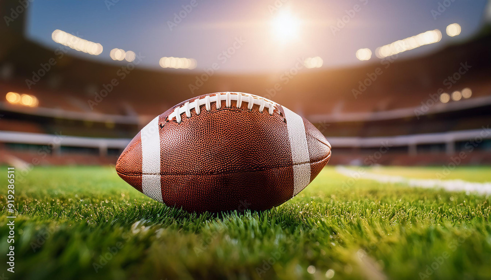 American football ball on green grass, sport stadium. American football ball on green grass, sport stadium.