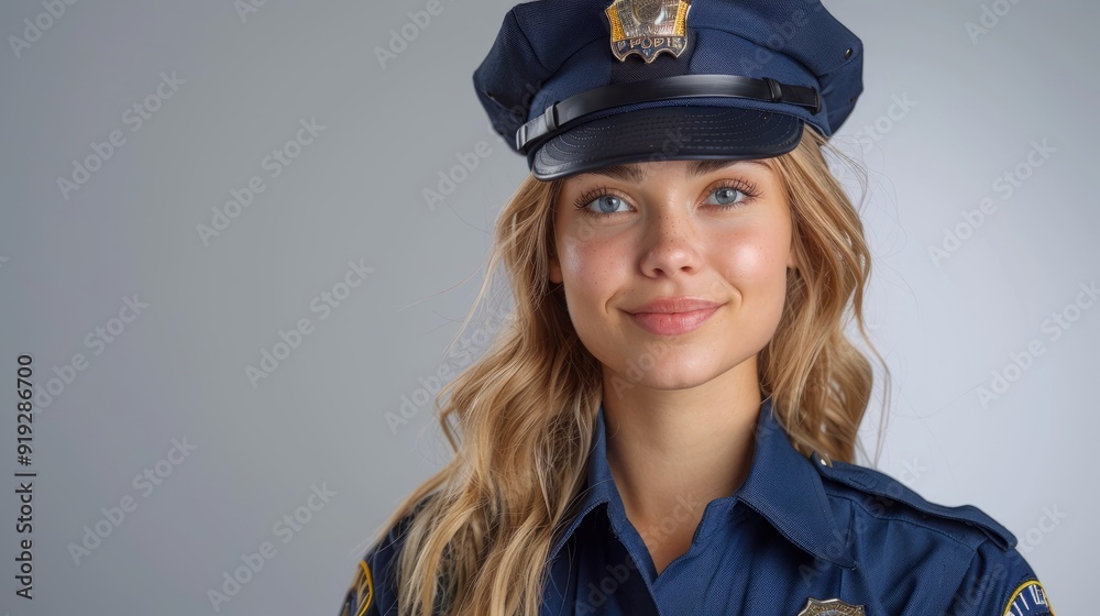 Police officer in uniform poses with a friendly smile against a neutral backdrop Police officer in uniform poses with a friendly smile against a neutral backdrop