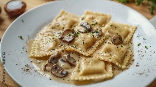 A cozy winter plate of Italian ravioli with mushroom creamy sauce, sprinkled with herbs and ground pepper, highlighting the comfort and richness of seasonal cuisine.