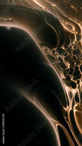 Trypophobia style abstract background. Black bubbles and dark holes on bronze gold texture turning to liquid. Melting metal.	 photo