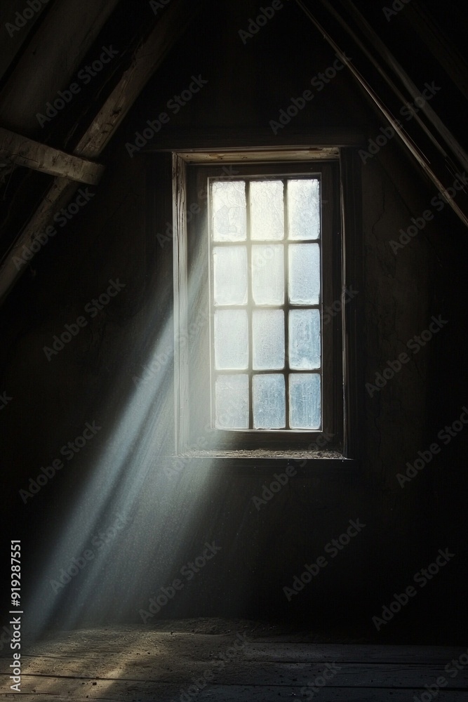 A window in a dimly lit attic, with a single beam of sunlight piercing through the dusty glass. A window in a dimly lit attic, with a single beam of sunlight piercing through the dusty glass.