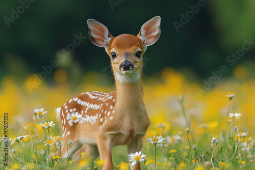 A newborn fawn taking its first steps in a meadow filled with wildflowers, symbolizing the essence of spring's renewal.