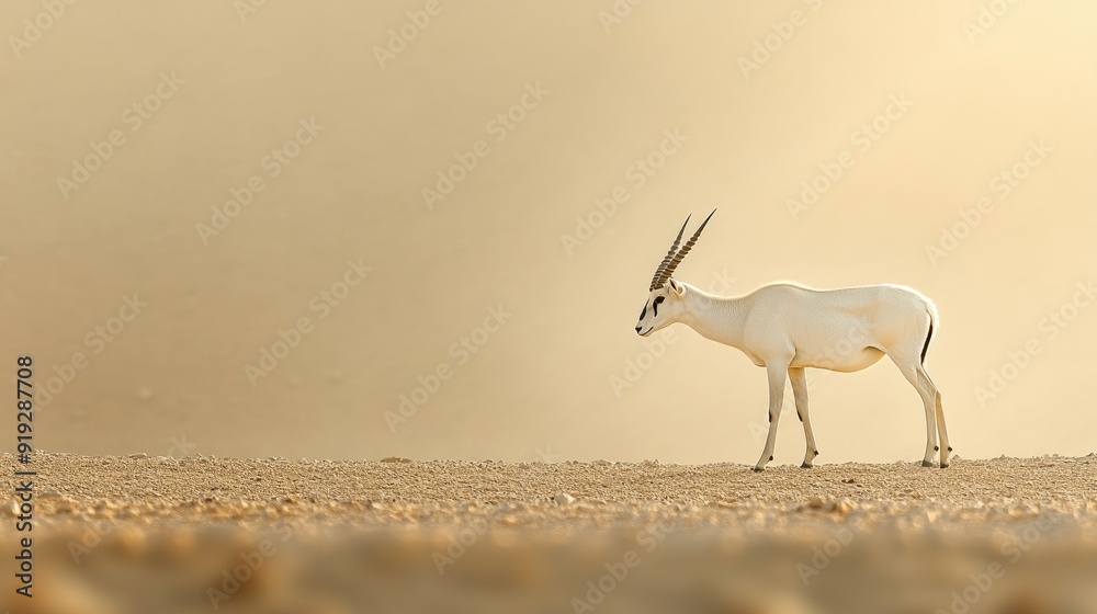 Fototapeta premium A Curved horned antelope Addax (Addax nasomaculatus) gracefully stands against the desert backdrop of the Sahara. Now thriving in a nature reserve near Eilat, Israel.