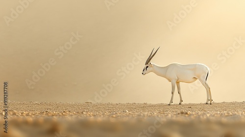 A Curved horned antelope Addax (Addax nasomaculatus) gracefully stands against the desert backdrop of the Sahara. Now thriving in a nature reserve near Eilat, Israel.