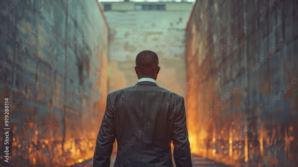 Obraz premium Man in a suit stands before a fiery backdrop in an urban alley at dusk