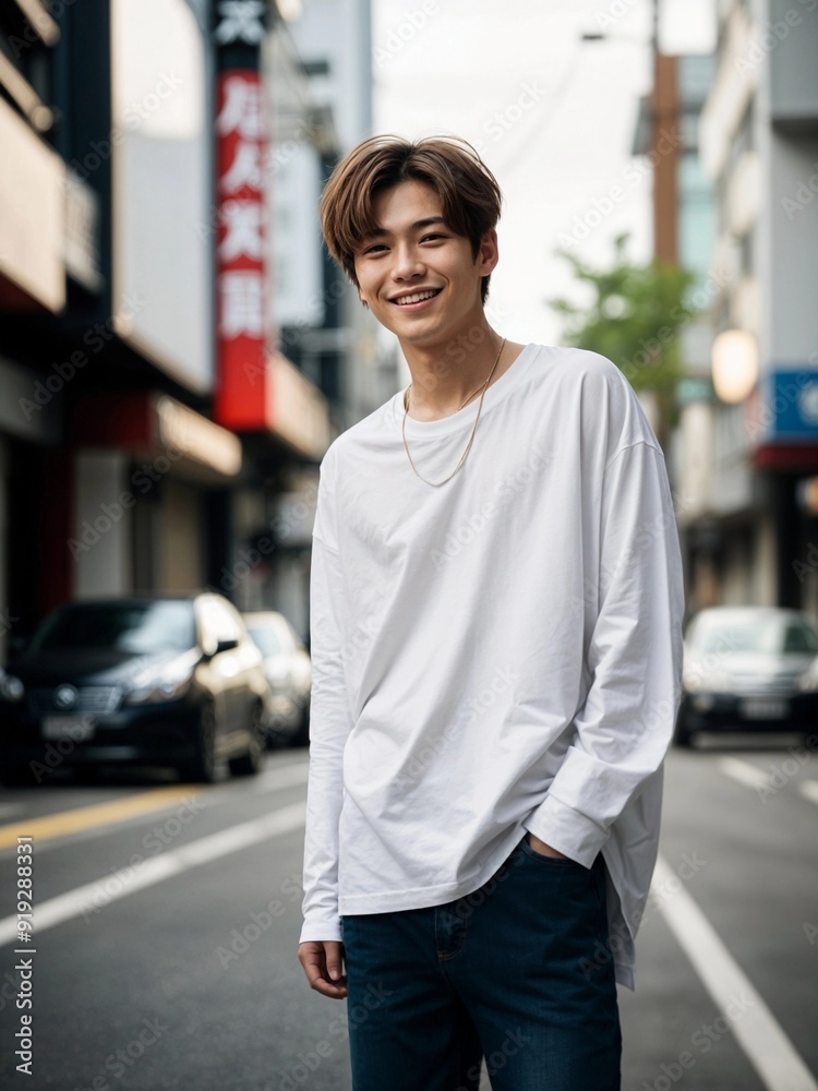 Stylish Asian Guy in White Tshirt and Jeans, Street Fashion Look - Front View Stylish Asian Guy in White Tshirt and Jeans, Street Fashion Look - Front View