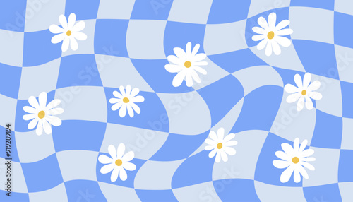 1970 Daisy Flowers and Trippy Grid Seamless Pattern Set in Pastel  Colors. Hand-Drawn Vector Illustration. Seventies Style, Groovy Background, Wallpaper. Flat Design, Hippie Aesthetic.