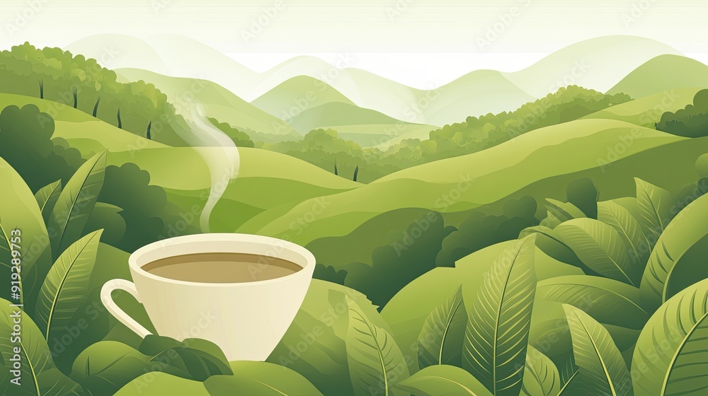 A peaceful coffee landscape vector featuring lush greenery, rolling hills, and a steaming cup, creating a cozy and inviting scene. A peaceful coffee landscape vector featuring lush greenery, rolling hills, and a steaming cup, creating a cozy and inviting scene.