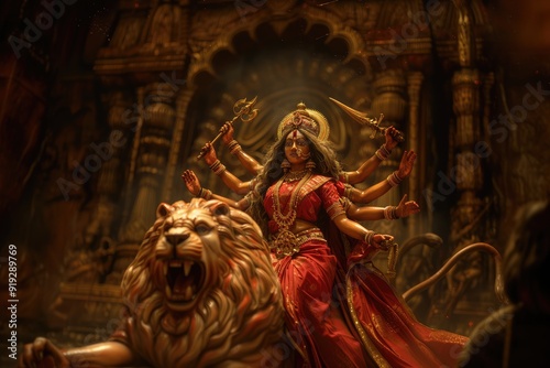 A woman in a red dress is riding a lion