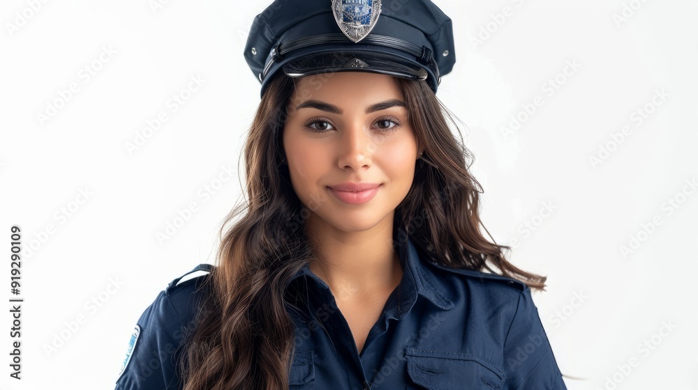 Young police officer in uniform smiling against a plain background Young police officer in uniform smiling against a plain background