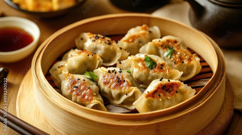 Authentic Chinese gyoza with bamboo leaves, paired with tea, highlighting the traditional flavors and presentation of Chinese cuisine. Authentic Chinese gyoza with bamboo leaves, paired with tea, highlighting the traditional flavors and presentation of Chinese cuisine.