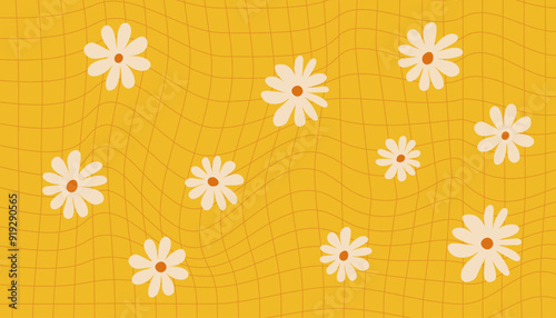 1970 Daisy Flowers and Trippy Grid Seamless Pattern Set in Pastel Colors. Hand-Drawn Vector Illustration. Seventies Style, Groovy Background, Wallpaper. Flat Design, Hippie Aesthetic.