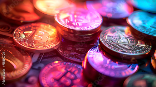 Create a photorealistic closeup of colorful coins and banknotes, showcasing intricate financial details, vivid, digital tone