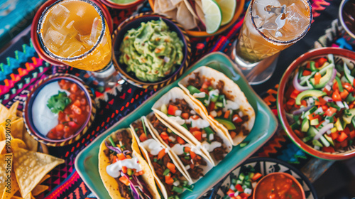 Wallpaper Mural a cozy Tex-Mex night, featuring beef and chicken tacos with a variety of toppings, such as guacamole, salsa, and sour cream, all set on a colorful tablecloth with a side of margaritas Torontodigital.ca