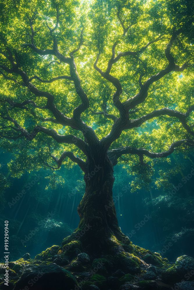 A vivid sentinel tree with branches that glow in every shade of green, standing as the protector of an ancient forest, A vivid sentinel tree with branches that glow in every shade of green, standing as the protector of an ancient forest,
