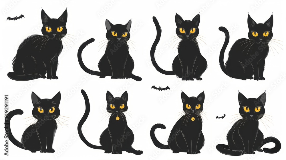 Various black cats with yellow eyes posed in playful positions with bats in a Halloween theme