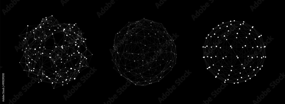 Vector futuristic set black sphere of particles and lines. Network connection big data. Abstract technology background.