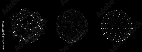 Vector futuristic set black sphere of particles and lines. Network connection big data. Abstract technology background.