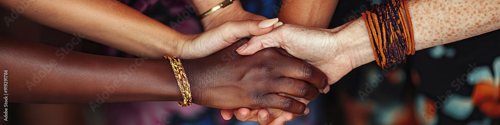 Fototapeta premium A group of women of different ages and ethnicities, linked hand in hand.
