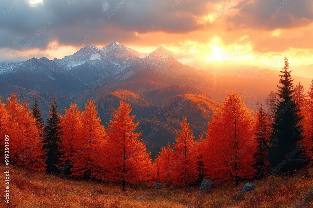 majestic autumn mountain landscape vibrant foliage misty peaks golden sunlight majestic autumn mountain landscape vibrant foliage misty peaks golden sunlight