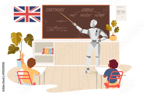 Artificial intelligence English language teacher bot teaching children at school classroom vector illustration. Education process of kids with ai technology concept