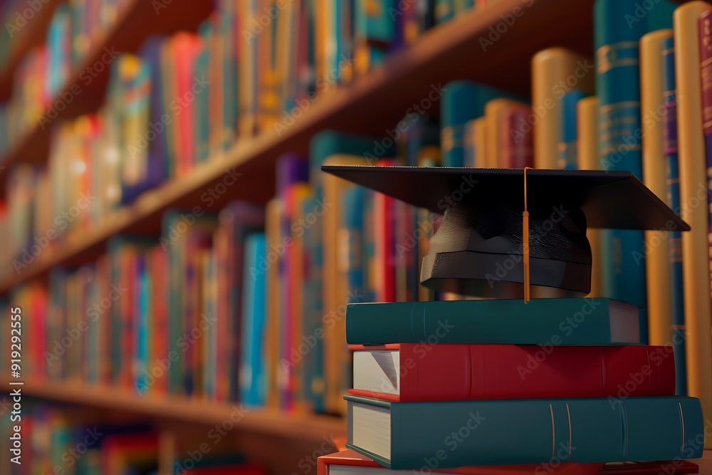 Fototapeta premium Graduation cap on books in a library.
