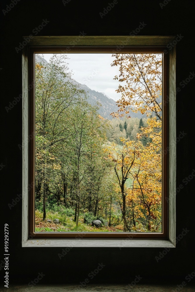 Fototapeta premium A window in a minimalist mountain retreat, with a view of a deep forest and distant peaks. 
