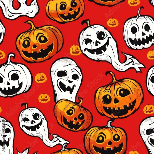 A spooky and fun Halloween pattern featuring friendly ghosts and jack-o'-lanterns on a red background.