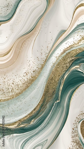 Beautiful White and Pastel Paint Swirls with Gold Glitter. Elegant Marbling Wallpaper