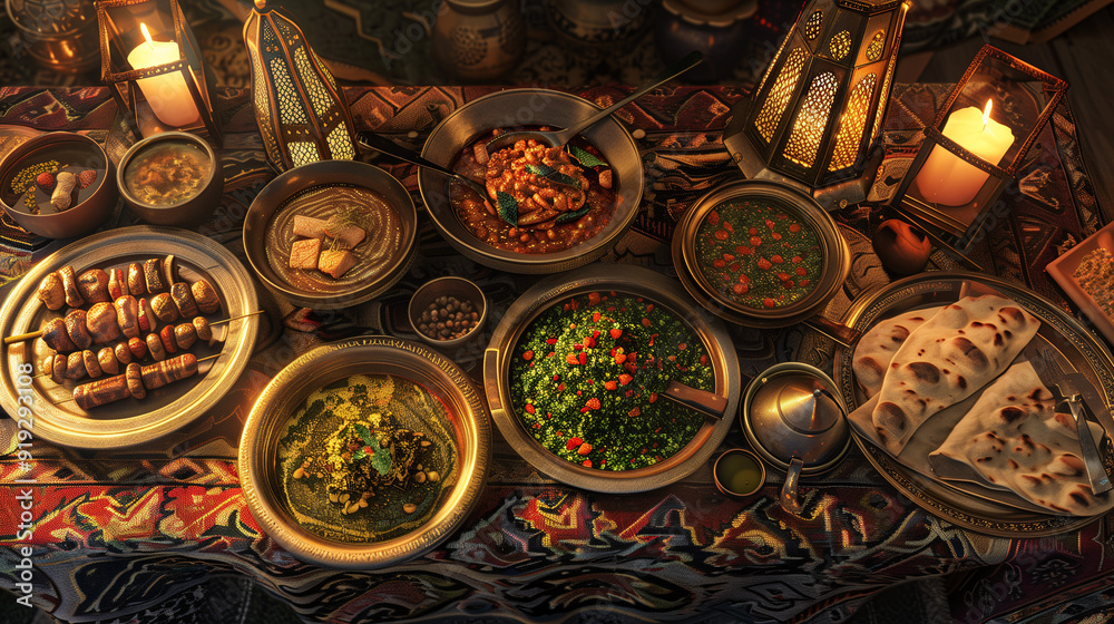 a Middle Eastern dinner, featuring kebabs, tabbouleh, baba ganoush, and flatbread, arranged on a patterned tablecloth with decorative lanterns and spices a Middle Eastern dinner, featuring kebabs, tabbouleh, baba ganoush, and flatbread, arranged on a patterned tablecloth with decorative lanterns and spices