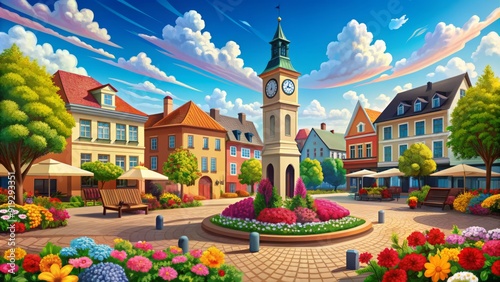 Colorful vector illustration of a quaint town square featuring a historic clock tower surrounded by charming buildings and vibrant flowers under a bright sky. photo