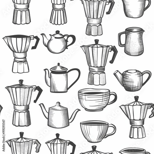 A seamless pattern featuring various coffee and tea making equipment.