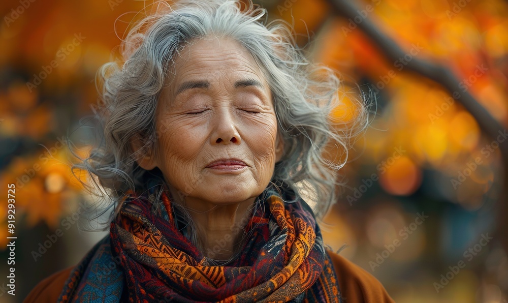 front view portrait of elder woman standing with eyes closed,hair in the wind self healing,meditation concepts. front view portrait of elder woman standing with eyes closed,hair in the wind self healing,meditation concepts.