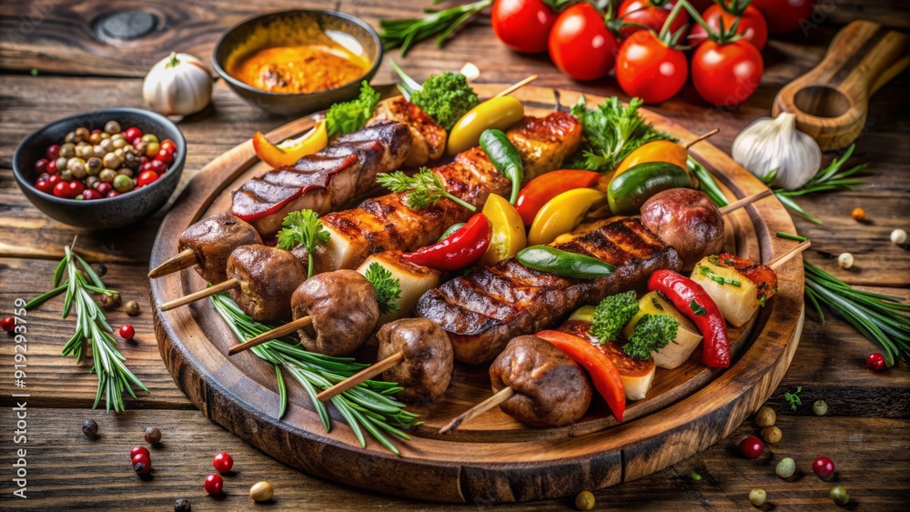 Savory skewers of marinated steak, chicken, and sausage sizzle on a charcoal grill, surrounded by fresh vegetables and herbs on a rustic wooden platter.