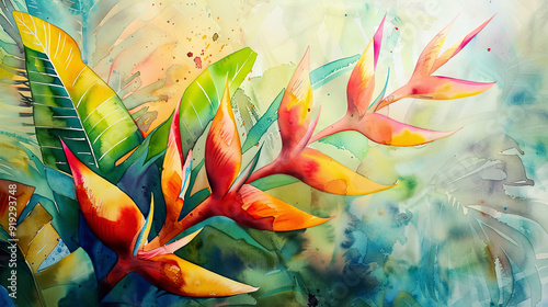 Watercolor heliconia in wet-on-dry style, fine details and vibrant colors, pastel background photo