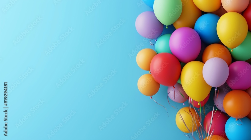A bunch of colorful balloons floating in the air. The balloons are of different colors and sizes, creating a vibrant and lively atmosphere. Concept of joy and celebration A bunch of colorful balloons floating in the air. The balloons are of different colors and sizes, creating a vibrant and lively atmosphere. Concept of joy and celebration